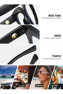Detail of nose pads and gold hinges on oversized cat-eye glasses with lifestyle scenes