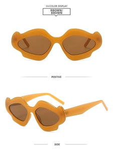 Front and side view of brown jelly Y2K lip-shaped sunglasses with wavy frames