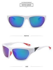 Weiße Sportsonnenbrille mit grünem Farbverlauf, Front- und Seitenansicht gezeigt