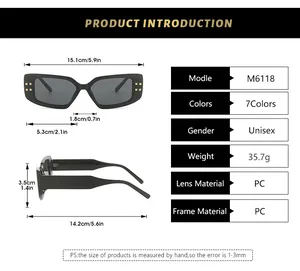 Detailed size chart for square sunglasses with PC frame dimensions and specifications