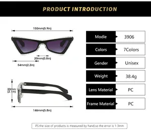 Detailed size chart for cat eye sunglasses model 3906 with dimensions in mm and inches