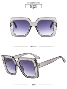 Detail view of square beige brown sunglasses with gradient purple lenses and metal accents
