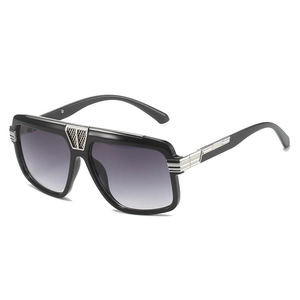 Fashionable square frame retro sunglasses for men with silver hollow bridge and grey lenses