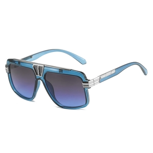 Modern square retro sunglasses with blue transparent frames and silver metal accents