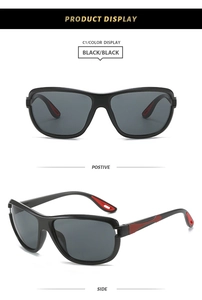 Front and side view of square Y2K sports sunglasses with black frames and red rubber tips