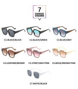 Macro display of large square sunglasses in seven assorted frame colors and lenses