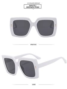 Front and side view of oversized white square sunglasses with chic wood grain texture