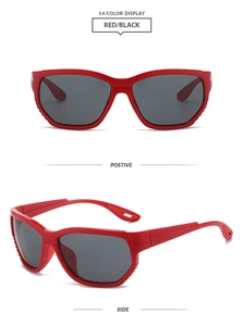 Vues de face et de côté des lunettes de soleil de sport Y2K rouges et verres gris