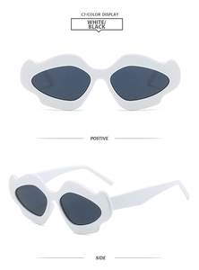 Front and side views of white wavy frame sunglasses with dark gray lenses