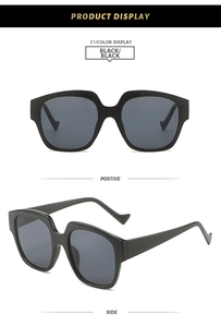 Front and 45-degree side view of vintage oversized black geometric sunglasses