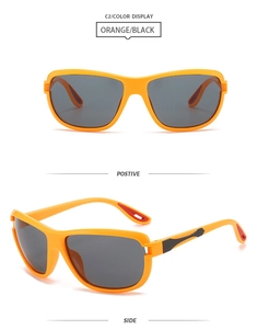 Front and side view of orange Y2K square sports sunglasses with dark lenses