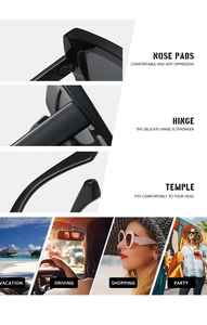 Detailed views of square wood-grain sunglasses showing metal hinges and travel scenarios