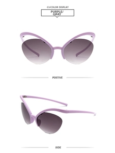 Détail de lunettes de soleil papillon violettes avec verres dégradés gris sous deux angles