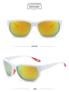 Vue détaillée de lunettes de sport blanches avec coussinets rouges et verres dégradés