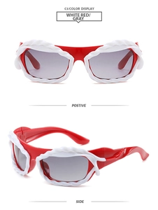 Front and side view of Y2K style red frame sunglasses with white twisted rope detail