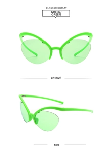 Vue détaillée de face et de côté des lunettes de soleil papillon vert fluo à demi-cerclage