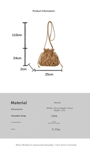 Detailed size specifications for khaki woven bucket bag with adjustable strap and drawstring