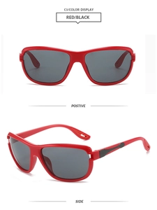 Detail view of red square Y2K sunglasses with dark lenses from front and side angles