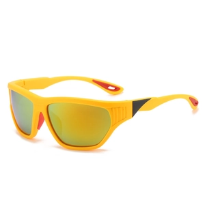 Sportliche Y2K-Radsonnenbrille mit gelbem Rahmen und gold-orange verspiegelten Gläsern