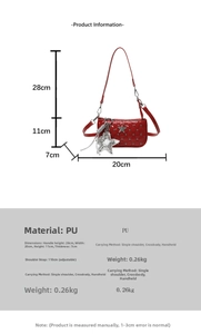 Detailed size chart for red quilted PU crossbody bag with star pendant dimensions