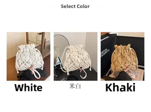 Hand-woven hollow bucket bag detail showing white, beige, and khaki color options