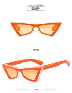Cat eye sunglasses with orange lenses and dual-layer acrylic frames in a multi-angle view