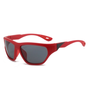 Sportliche Y2K-Radsonnenbrille mit mattrotem Rahmen und dunkelgrauen Polarisationsgläsern