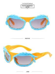 Front and side views of Y2K sunglasses with yellow frames and blue spiral detail