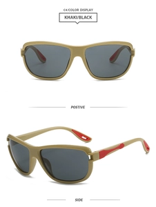 Detailed views of khaki sports sunglasses with red anti-slip rubber on temples