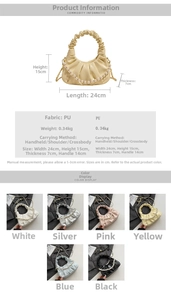 Detailed spec chart of ruched dumpling bag with sizes and pearl chain strap details