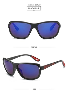 Detail view of square frame Y2K sports sunglasses with blue mirrored lenses and red trim