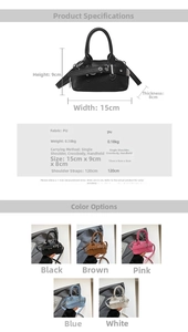 Detailed size specifications for the mini PU leather crossbody bag with belt buckle detail
