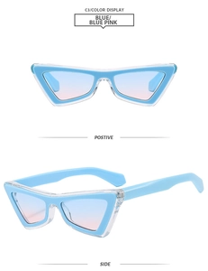 Cat eye sunglasses with light blue frames and stylish blue-pink gradient lenses