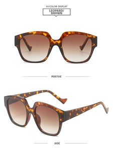 Detailed front and side view of leopard frame sunglasses with brown gradient lenses