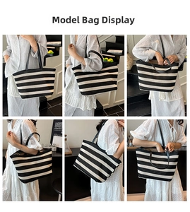 Detailed model views of a large black and white striped tote bag for daily commuting