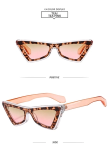Front and side view of cat-eye sunglasses with leopard print frames and tea pink lenses