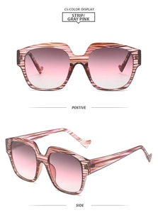 Detail of square geometric sunglasses in striped pink and grey with gradient lenses
