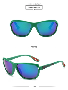 Detail view of square green sports sunglasses with blue-purple reflective mirror lenses