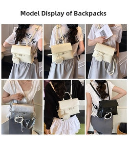 Collage of fashion PU leather backpacks with heart pendants in white, silver, and black colors