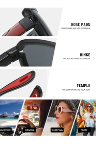Macro detail of Y2K square sunglasses showing reinforced hinges and black-red temples