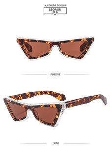 Detail of leopard print cat eye sunglasses with tea lenses and trendy two-tone frame design
