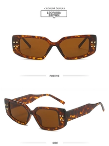 Detail view of leopard print rectangle sunglasses with brown lenses and gold rivets
