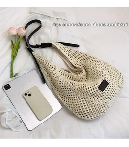 Large capacity off-white woven hobo bag with leather strap shown next to iPad for scale