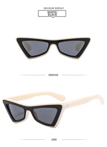 Detail view of cat eye sunglasses showing white and black contrast frame from two angles