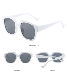 Three-angle views of large square white sunglasses with dark lenses from front and back