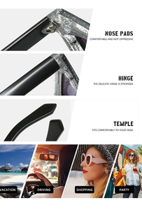 Detail of cat-eye sunglasses featuring metal hinges, nose pads, and floral patchwork
