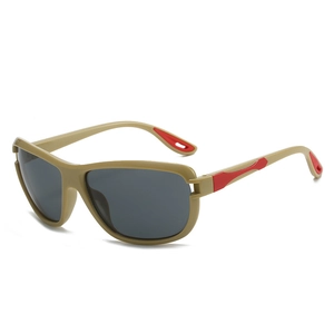 Y2K style square khaki sports sunglasses with red contrast temples and grey lenses