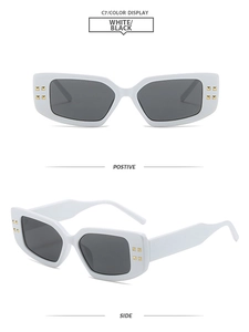 Front and side view of white rectangular sunglasses with gold square rivets on the frame