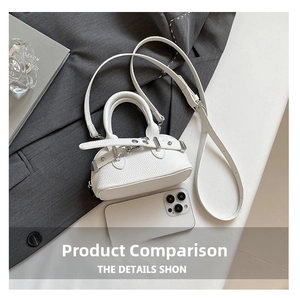 Mini white shell bag with lychee pattern leather and size reference phone