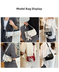 Detail view of quilted leather crossbody bag with star pendant shown in four colors